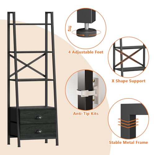 Image of Furologee 4-Tier Ladder Shelf,Small Bookshelf with 2 Drawers,Vertical Bookcase Storage Rack Organizer,Display Bookshelves for Living Room,Bedroom,Bathroom,Home Office,Kitchen,Black Oak