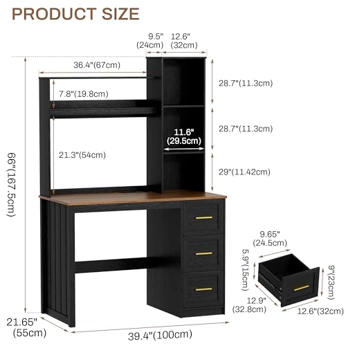 Image of LVSOMT 40 inch Home Office Desk with Hutch and Drawers, Computer Desk with Power Outlets and LED Light, Study Writing Gaming Table with Storage Shelves, Workstation for Bedroom, Black