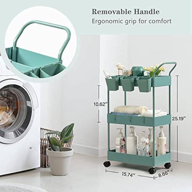 danpinera Storage Cart on Wheels, 3 Tier Bathroom Cart Organizer Slim Laundry Narrow Shelf with Wheels Dividers Hanging Cups Hooks Handle Easy Assembly, Green-Oy6I17Y5