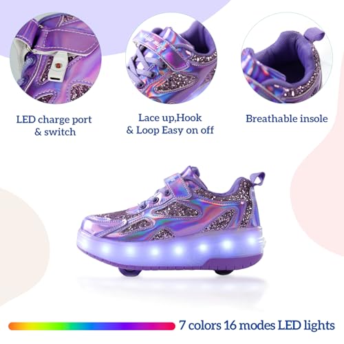 Roller Shoes Girls Sneakers USB Charge LED Lights Shiny Wheels Shoes Glitter Material Roller Skate Shoe Big Kids Gifts Size 6.5 Purple Sparkling Sneaker3