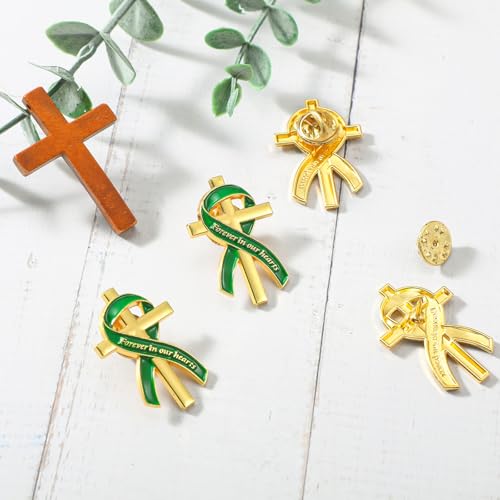 Image of Misdary Funeral Favors for Guests Funeral Memorial Pin Cross Ribbons Forever in Our Hearts Lapel Brooch Pin for Religious Christian Celebration of Life Mourning Remembrance Day