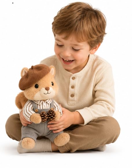 Image of Cuddles Squirrel Soft Toy Plush, Cute Stuffed Animal with Beret Hat and Overalls, Holding Pine Cones Size 30 cm