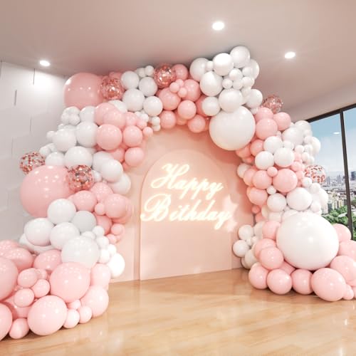 Image of Pink and White Balloon Arch Kit, ADOINBY 140Pcs Macaron Pink Balloon Matte White Balloon 18 12 10 5 Inch Different Size Balloons for Engagement Wedding Birthday Baby Shower Gender Reveal Decorations