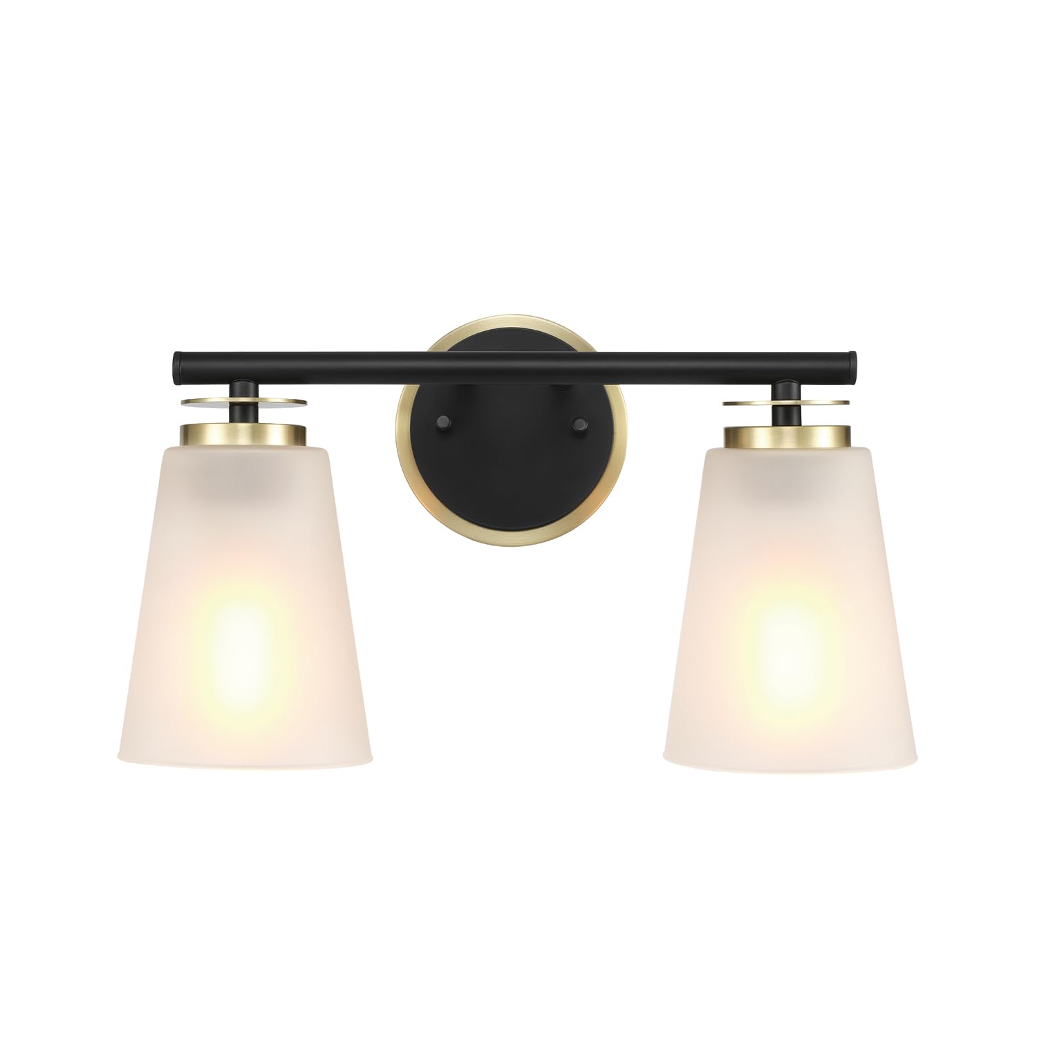 Globe Electric 2-Light Vanity Light, Matte Black, Frosted Glass Shades, Matte Brass Accents
