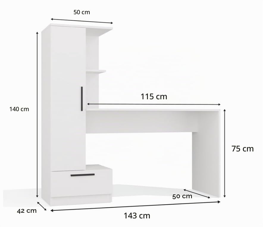 BDW Cosmo Scrivania con mensole, larghezza 143 cm, altezza 140 cm, profondità 50 cm, scaffale integrato con porta, cassetto, asilo nido, ufficio, adolescenti, bianco