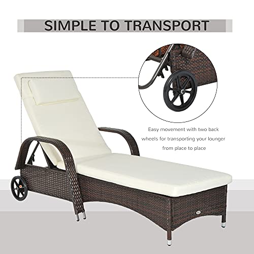 Outsunny Reclining Chaise Lounge Chair, Thickly Cushioned, Headrest, Armrests, Rolling Outdoor Plastic Rattan Sun Bathing Chair With Wheels For Poolside, Pool, Patio, Mixed Brown #TOP6