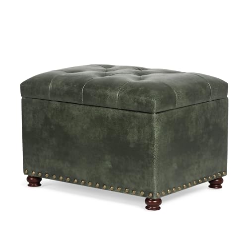 Image of Joveco Storage Ottoman Rectangular Tufted Upholstered Ottomans with Rivet, Footrest Footstool Seat with Wood Legs for Living Room Bedroom (Black Green)