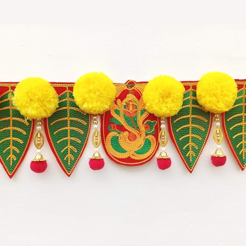 Image of Ganesh Pan Toran With Artificial Marigold Flower Door Diwali Toran For Home Decor,Temple,Pooja Room,All Festival,Embroidery Work. Inches(Ganesh Marigold),38 Inches