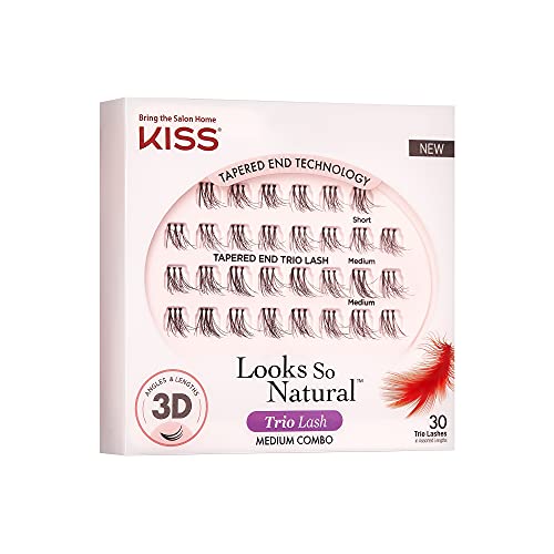 Kiss Looks So Natural Trio Lash Medium Combo Pack, False Eyelashes With Tapered End Technology, 3D Lengths & Angles, Easy Grip Tray With Built-In Glue Pocket, 30 Trio Lashes In Short & Medium Lengths #TOP3