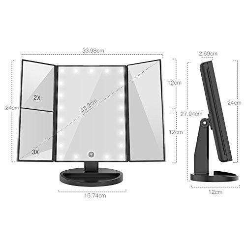 BESTOPE Makeup Mirror Magnification Vanity Make up Mirror 21 LED Lights Tri-Fold Mirrors (Black)