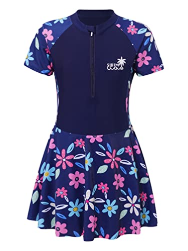 TiaoBug Girls Swimsuit One Piece Swimwear Ruffle Skirts Bathing Suit Zipper Neckline Short Sleeve Beachwear Navy Blue 11-12 Years