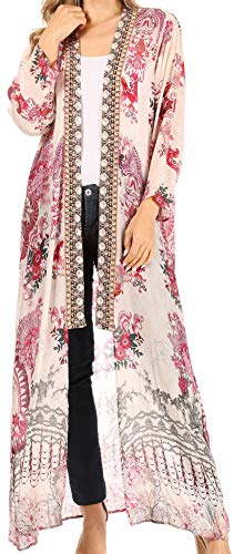 Image of Sakkas Iona Women's Casual Boho Long Kimono Cardigan Open Front Floral Print Loose