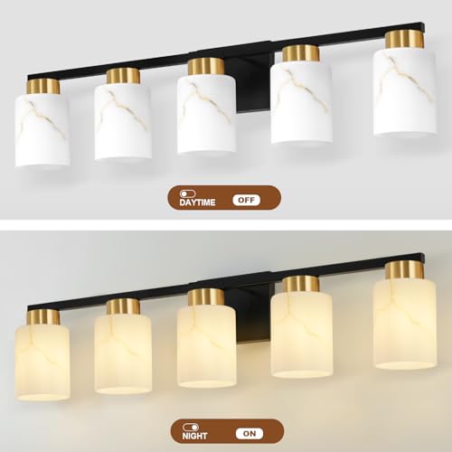 Image of 5-Light Bathroom Light Fixtures, Modern Vanity Lights, Black and Gold Metal Wall Lamp with White Marble Glass for Bathroom, Mirror, Living Room, Bedroom, Cabinet, Porch, Hallway, E26 Base