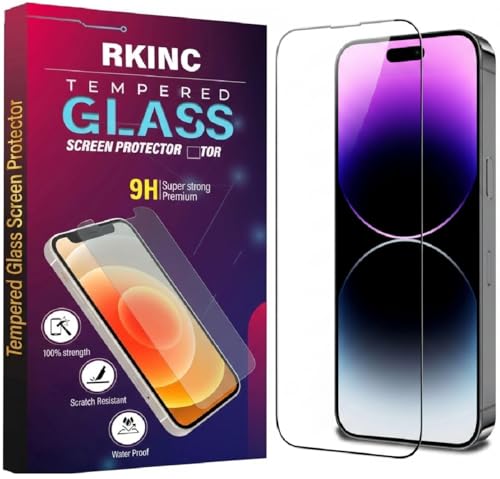 Image of RKINC Tempered Glass for iPhone 14 Pro Max (6.7 Inch) Military Grade Gorilla Screen Guard Protector | With Installation Kit | Edge to Edge Coverage | Black