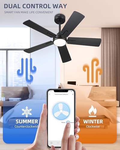Image of YOUKAIN Ceiling Fans with Lights, 42 Inch Black Ceiling Fans, Smart Ceiling Fan Works with Voice Control & Remote Control, Reversible Blades, Modern Led Ceiling Fan for Bedroom, 42-YJ812-BK
