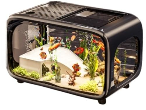 EVREFIN 小型水槽セット カバー付き キリフィッシュ、ベタ、金魚、テトラポッド魚用 静音フィルター デスクトップ リビングルーム 寝室 屋内 クリエイティブ カバーデスクトップ (【ブラックデラックス版】クライミングフレーム+水草+海塩+魚の餌+ホタ