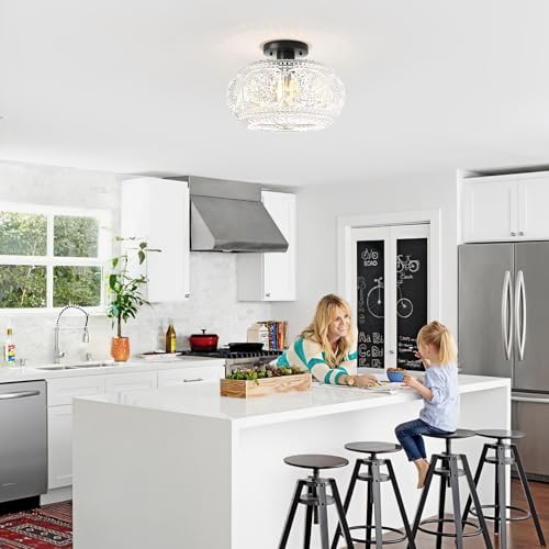 Image of 12 Inch Globe Glass Semi Flush Mount Ceiling Light Fixture, Black