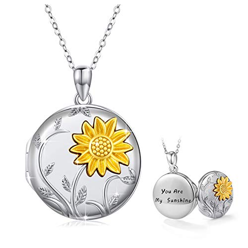 925 Sterling Silver Locket Necklace That Holds Pictures Sunflower Pendant You are My Sunshine Engraved for Women