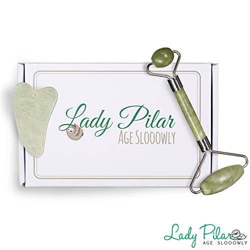 Natural & Authentic Jade Roller Facial Massager By Lady Pilar [FREE Guasha Tool] | Genuine Jade Stone Derma Face Roller For Women & Men | Rejuvenating Skin Therapy Tool, Reduce Fine Lines & Wrinkles