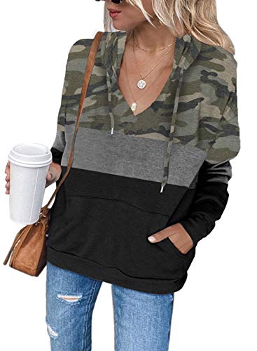 ROSKIKI Womens V-Neck Hoodie Sweatshirts Casual Camo Drawstring with Pocket Tunic Shirts Tops Green M