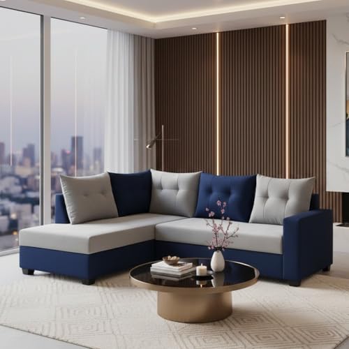 Image of SOCOZI Oriana 4 Seater LHS L Shape Sofa Set | Soft Velvet Suede Fabric | Modern Design | Plush Comfort Cushions for Living Room (Dark Blue-Light Grey)