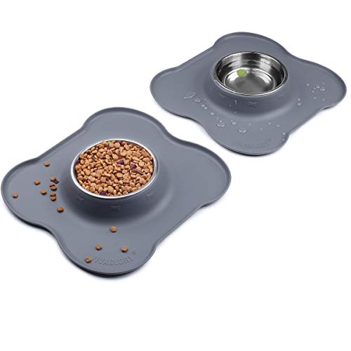 Vivaglory Cat Bowls Set, 2 Pack Cat Bowls with Non Spill Silicone Mat and Food Grade Stainless Steel Water and Food Feeding Bowl for Puppy Kitty Cat, Grey
