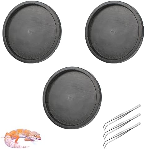 Lucky Interests 3 件套爬行动物食品水碗,圆形盆乌龟食品盘,带 3 个钳子,黑色轻质爬行动物和两栖动物喂食器浅爬行动物食品容器,适用于乌龟、蜥蜴、壁虎