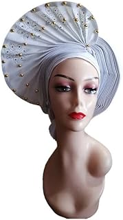 Cobric African Fabric ASO Oke Nigerian Headtie with Stones Beads Turban Femme Head Wrap Women Scarf 1pcs/Pack Color 2180