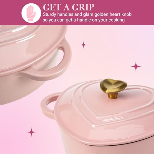 Image of Paris Hilton Enameled Cast Iron Dutch Oven Pot with Lid, Heart-Shaped Dutch Oven, Durable Cast Iron Pot with Dual Handles, Oven Safe to 500F, Works on All Stovetops, 4-Quart, Pink