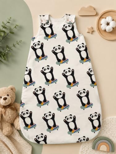 Image of TuddyBuddy Baby Cotton Wearable Quilted Sleeping Bag Blanket 1.5 Tog with 1 Way Zipper Closure | Ideal for Babies & Kids Hypoallergenic Fabrics | (Panda Hands in the Air AOP - Beige, 2-3 Years)