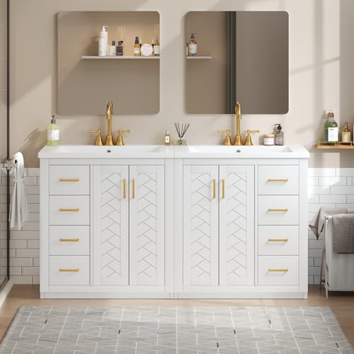 60 Inch White Bathroom Vanity with Double Sink,Modern Double Sink Vanity with 6 Side Drawers...