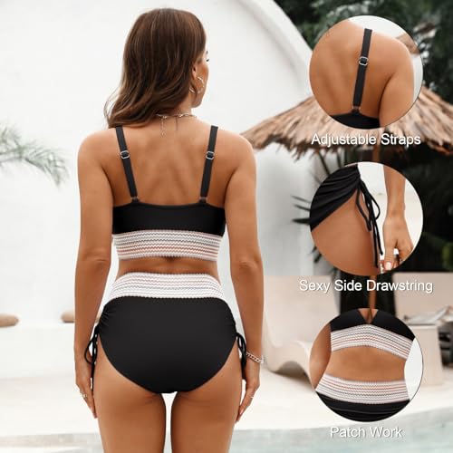 Adisputent Womens High Waisted Bikini Sets Color Block Swimsuit V Neck Tummy Control Swimwear Drawstring 2 Piece Bathing Suit3