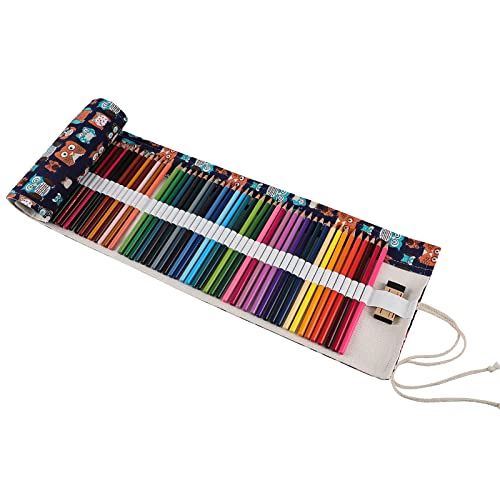Image of Surblue Canvas Pencil Case Pencil Roll Wrap with 72 Slots Coloring Pencil Holder Organizer Paint Brush Storage Pouch Portable for Artist, Writer (Navy Owl