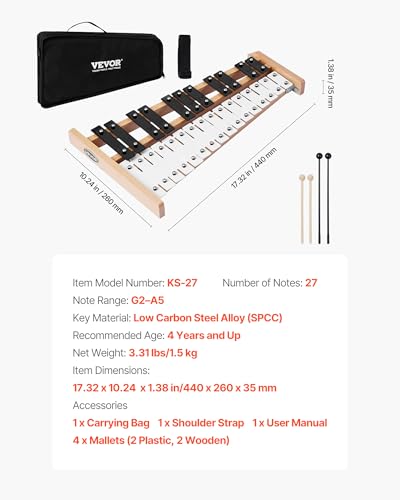 Image of VEVOR Glockenspiel Xylophone, 27 Notes, Professional Xylophone Percussion Instrument, with Metal Keys, Includes 4 Mallets, Carrying Bag, Beginner Musical Instrument for Adults and Kids Music Teaching