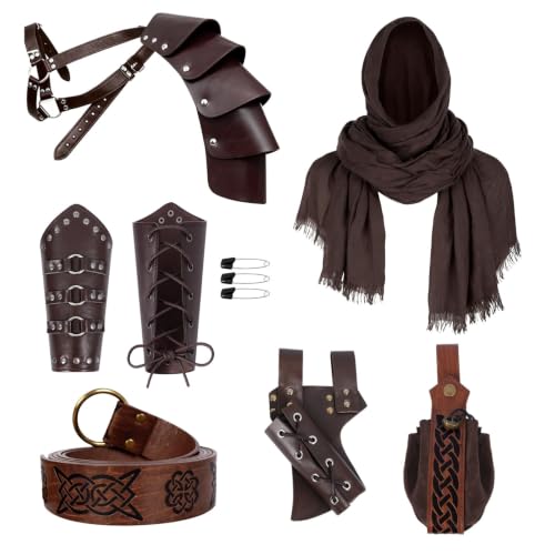 Dicxoser Renaissance Costume Accessories Men - Leather Armor Pauldron & Shoulder Cape Set,Bracers for Knight & Assassin (Brown)