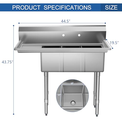 HARDURA Stainless Steel Kitchen Sink With 3 Compartments, Commercial Sink Left Drainboard Freestanding NSF Certified Utility Basin 10