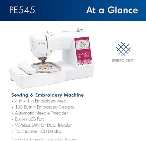 Image of Brother PE545 Embroidery Machine, Wireless LAN Connected, 135 Built-in Designs, 4 inch x 4 inch Hoop Area, Premium Embroidery Thread 6 Spools, 75 /11 Size Embroidery Needles 100 Count