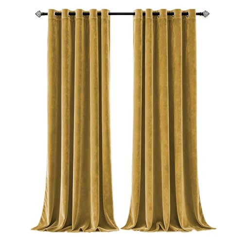 Image of Imperial Rooms Crushed Velvet Curtains 90x90 Blackout Curtains for Living Room Fully lined Privacy Protection Eyelet Ochre Curtains Pair Panels + 2 Tie Backs