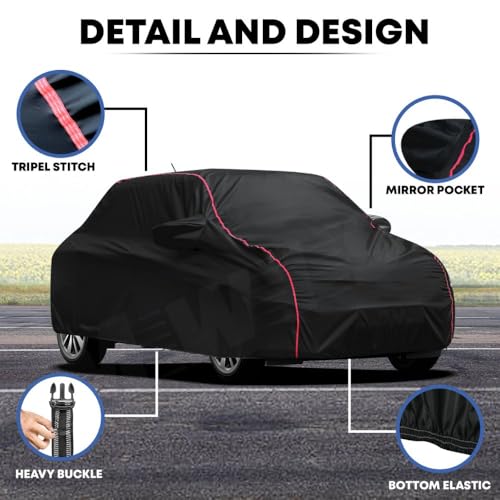 Image of MWISS Waterproof Car Cover for Land Rover Discovery | All-Weather Protection, Dustproof & UV Resistant | Triple Stitched Mirror Pockets, Windproof Buckle Strap with Elastic Hem, Black-Red Piping