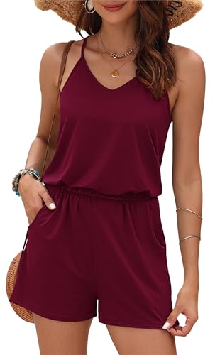 Image of MISFAY Womens Summer Loose V Neck Spaghetti Strap Short Jumpsuit Rompers 2026