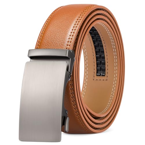 SENDEFN Men's Leather Belt Automatic Ratchet Buckle Slide Belt for Dress Casual Trim to Fit with Gift Box