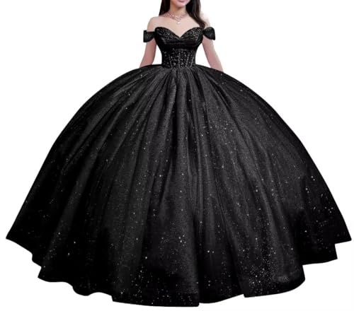Teens' Glitter Tulle Quinceanera Dresses Off Shoulder Puffy Ball Gown Beaded Prom Dress for Sweet 15 16 Black US16