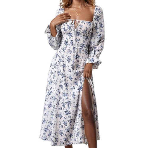 Blue and White Dress for Women – Floral Print Square Neck Summer Dress with Puff Sleeves (Blue and White A,3XL)