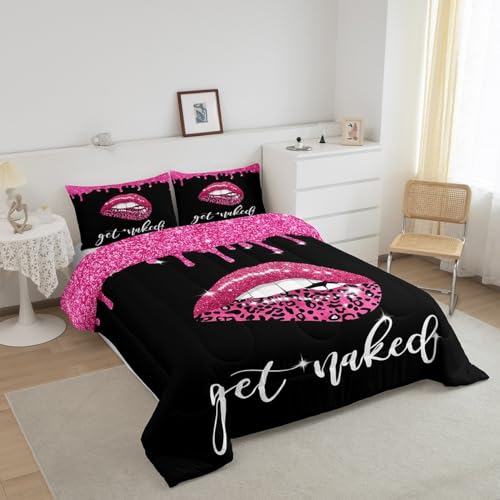 Image of Feelyou Get Naked Bedding Set Full Size, Pink Leopard Sexy Lips Comforter Set for Kids Boys Girls Teens Glitter Lips Comforter Get Naked Duvet Set Bed Set 3Pcs Reversible