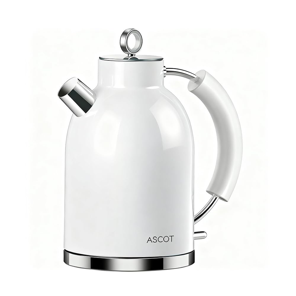 ASCOT Electric Kettle, Stainless Steel Electric Tea Kettle Gifts for Men/Women/Family 1.5L 2200W Retro Tea Heater & Hot Water Boiler, Auto Shut-Off Boil-Dry Protection (White)