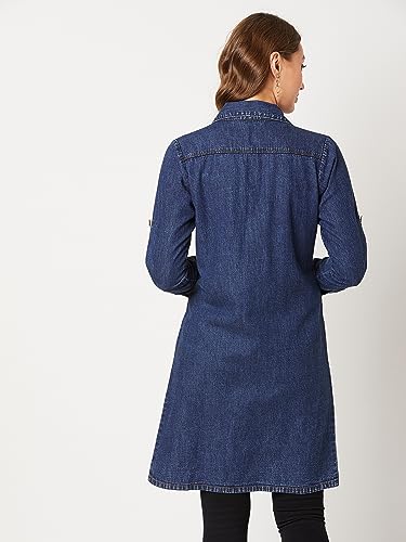 Image of Miss Chase Women's Polycotton Women Collared Full Sleeves Patch Pocket Denim Knee-Length Standard Length Jacket