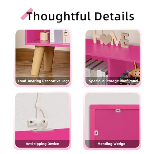 LEYAOYAO 10 Cube Bookshelf,3 Tier Modern Wide Bookcase with Legs,Mid-Century Wood Bookshelves Storage,Pink Large Book Case,Freestanding Organizer Display Shelf for Bedroom,Living Room,Office