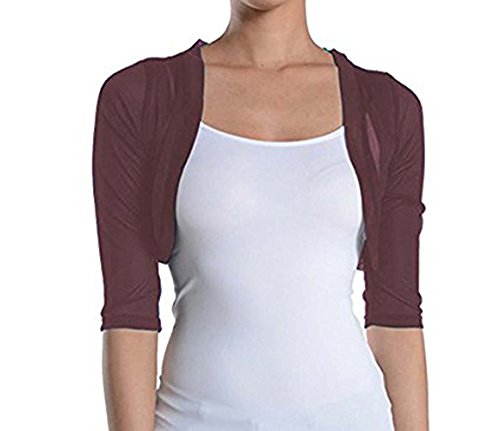 Image of Fashion Secrets Junior`s Sheer Chiffon Bolero Shrug Jacket Cardigan 3 /4 Sleeve (X Small, Burgundy /Wine)