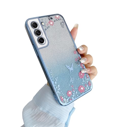 Image of for Samsung Galaxy S21 FE Case for Women Gradual Change Glitter Crystal Soft TPU Stylish Butterfly Floral Heart Clear Protective Cover with Strap for Samsung S21 FE (Blue)