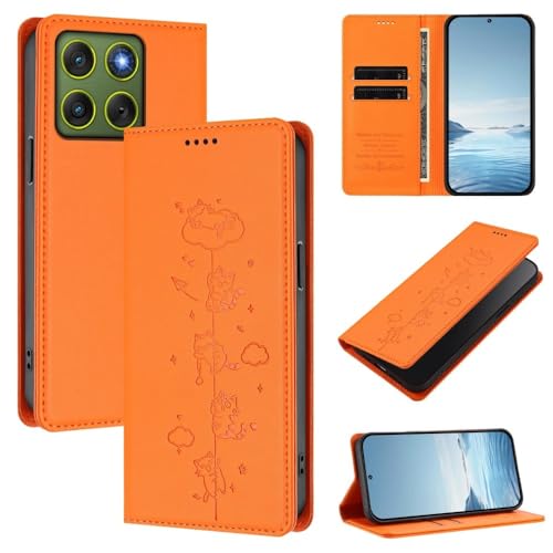 Motorola Edge 50 Ultra 5G étui portefeuille en cuir orange motif chat